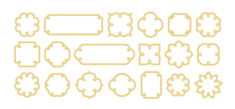 Gold Chinese Frames Ornaments. Elegant Asian Border Pattern Elements. Vector Oriental Logo Element Design. Simple Golden China Labels with Ornamented Frames.