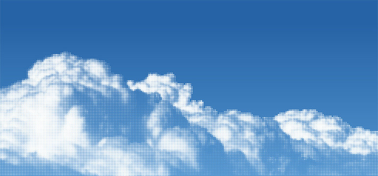 Blue Sky with Halftone Clouds. Summer Vector Half Tone Effect Background. Abstract Cloud with Pixel Pattern. Manga Book Anime Pop Art Texture.