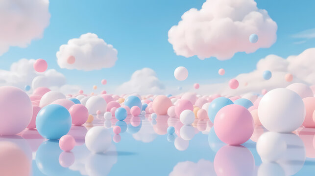 Floating colorful spheres in a dreamy sky