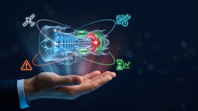 Futuristic digital twin jet engine hologram in hand, aerospace engineering and predictive maintenance concept, glowing turbine 3D model with data icons