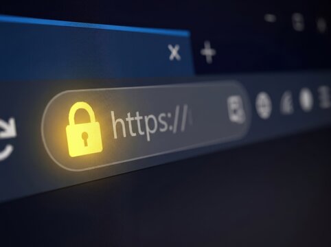 Secure web browser address bar with glowing yellow padlock icon showing encrypted https connection, security