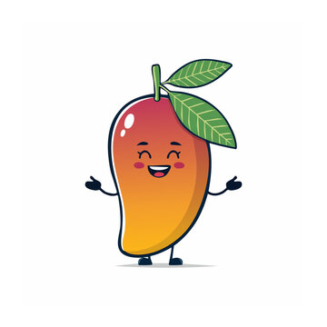 Cute smiling mango character with green leaves