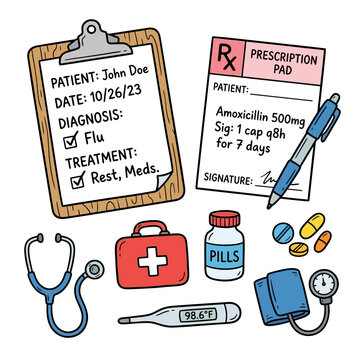 Medical Illustration: Prescription, Stethoscope, Pills, Thermometer, BP Cuff