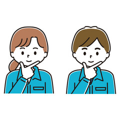 Fototapeta premium 顎に手を添える作業服姿の笑顔の男性と女性のイラストセット