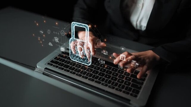 Cybersecurity protection system showing password encryption, fingerprint ID, cloud security, email, credit card, and database lock for secure data access Marrow