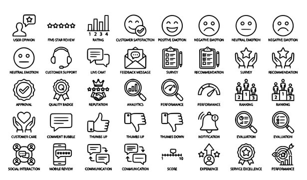 Feedback Testimonial and Customer Satisfaction Outline Icon Set with Star Rating Editable Stroke Vector Collection