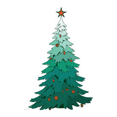 Fototapeta premium Lush layered green Christmas tree vector illustration with red star topper and orange bauble ornaments festive winter holiday pine isolated on white background