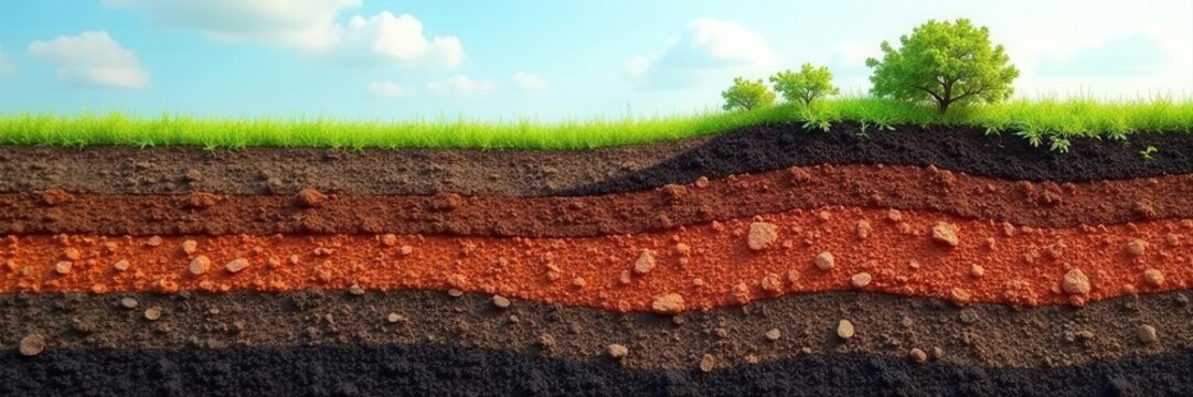 Cross-section of earth's soil layers, showing various textures and colors ,  natural,  ground
