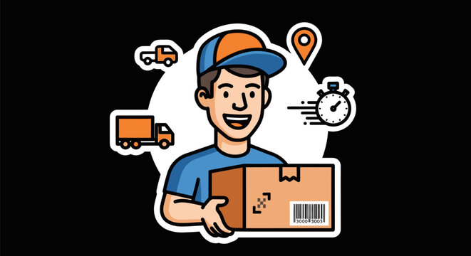 Delivery man holding package with truck and map nearby outside