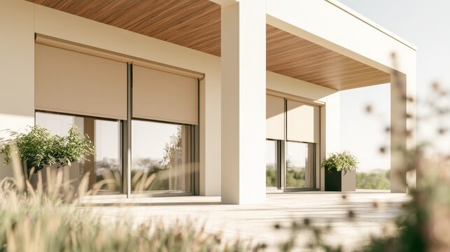 Stunning photo of Modern patio with outdoor roller shades on a sunny day