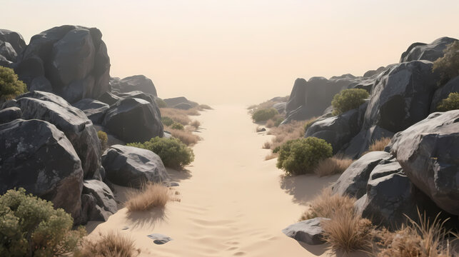 Golden path through rocky desert canyon