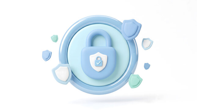 Secure Digital Data Protection Lock and Shield Icon 3D Render for Cybersecurity, Privacy, and Network Security Solutions