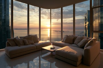 Fototapeta premium High-rise coastal hotel suite with panoramic bay window
