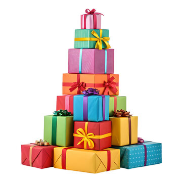 Assorted colorful gift boxes stacked in a pyramid during a festive celebration
