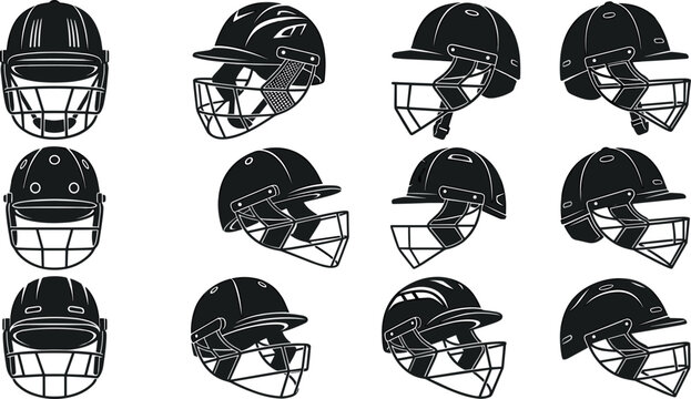 Professional Cricket Helmet Silhouette Vector Icon Set showing Multiple Angles for Sports Equipment Retailers, Tournament Promotions, and Team Logo Designs