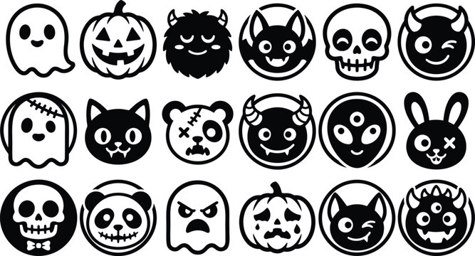 Black and white of 18 demonic faces with horns and fangs monster