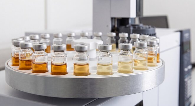 Laboratory Vials With Liquid Samples in Analysis Machine