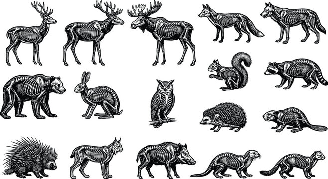 Black and white of african animals in various poses zebra elephant rhinoceros hippopotamus