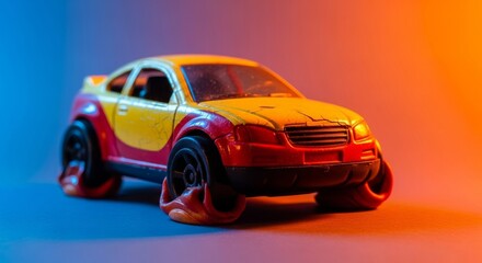 Fototapeta premium Close-up view of a miniature plastic vehicle with deformed wheels showing signs of melting and softening due to heat exposure and aging, degradation, automotive, exposure