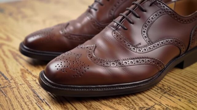 Close-up view of pair of classic brown leather wingtip brogue shoes featuring detailed perforated patterns and laces, placed on a light-colored textured wooden surface with grain.