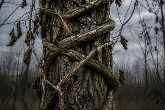 Vine tightly strangling a tree trunk with deep bark grooves and withering leaves.