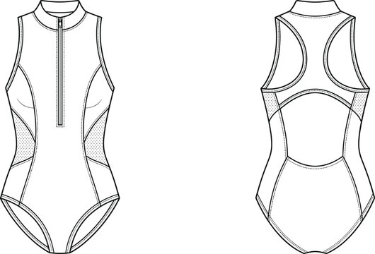 Sleeveless racerback zip front bodysuit fashion technical flat sketch front and back view activewear apparel template