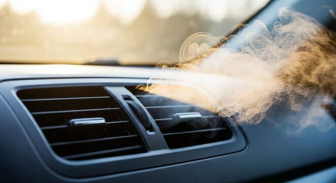 Close-up of a dashboard air conditioning vent emitting cool mist and frosty vapor against a background of bright, intense outdoor sunlight, air, summer, heat