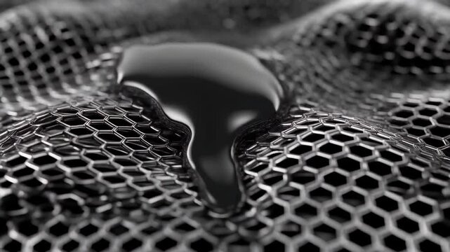 Flowing Liquid Chrome Through Metallic Mesh Screen Close Up Futuristic Industrial Loop