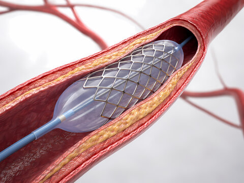 3D medical illustration of a coronary angioplasty procedure showing a catheter balloon expanding a metal stent inside a clogged artery