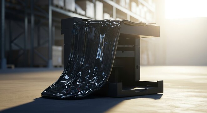 A warped black plastic printer tray sagging under intense heat inside a sunlit industrial warehouse with blurred storage racks behind it, broken, polymer, humidity