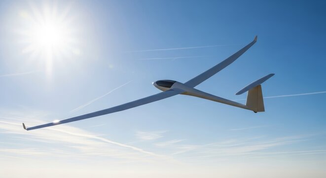 A sleek white remote control glider soars through shimmering heat waves under a bright summer sun, catching invisible rising thermal currents, physics, soaring, breeze