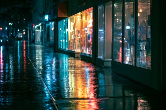 Rainy city street with shop window reflection