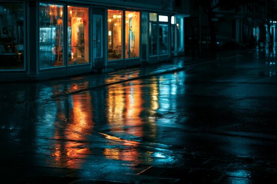 Rainy city street with shop window reflection