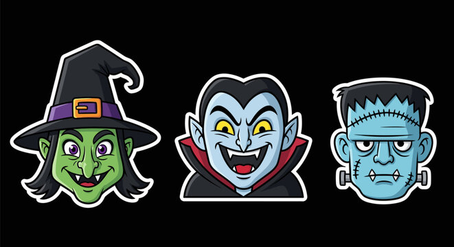 Halloween characters appear on screen with witch, vampire, and Frankenstein