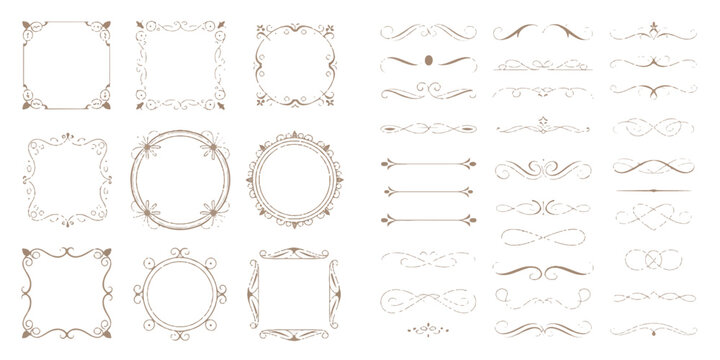 Calligraphic frames and text dividers collection for vintage wedding invitations or elegant stationery page border ornaments.
