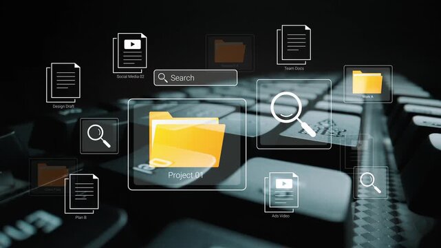 Digital workspace with search bar and folder icons on keyboard, representing project management, data organization, and collaboration in a tech environment Gluon.