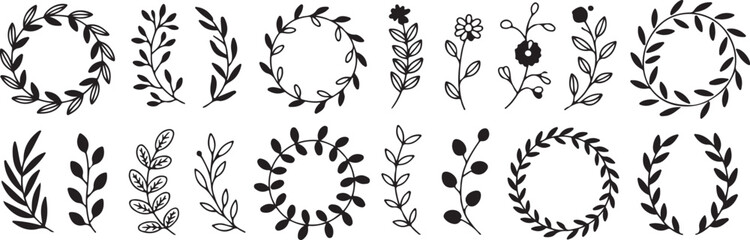 Obraz premium Natural floral elements set with various greenery branches leaves and wreaths for rustic wedding invitation greeting card decor.