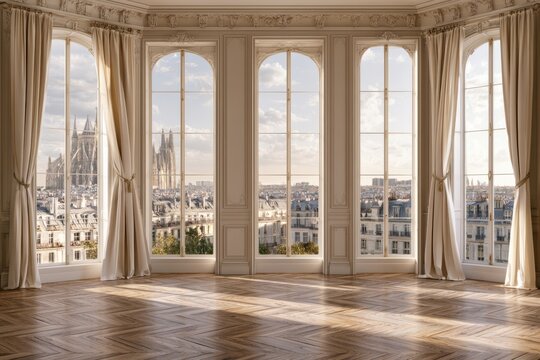 Paris style apartment with tall rooftop window view