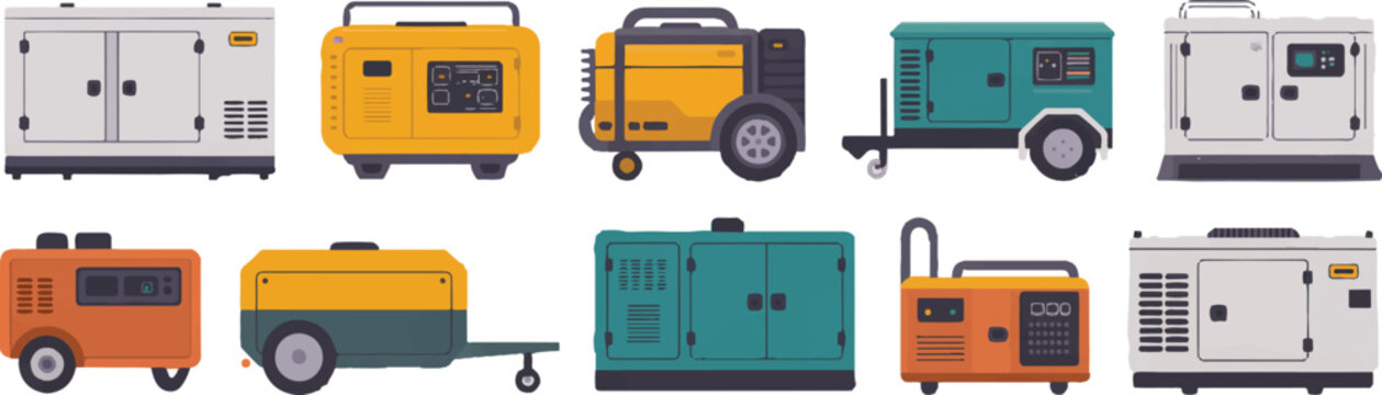 Electric power generators set featuring industrial equipment for emergency energy supply in portable and trailer mounted styles.