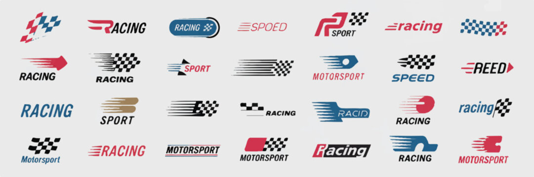 Collection of fast paced racing logos with checkered flag patterns and speed lines for motorsport branding and sport competition.