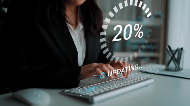 Business Professional Working on Computer with Progress Indicator Showing 80 Percent Completion in Modern Office Environment. Entropy.
