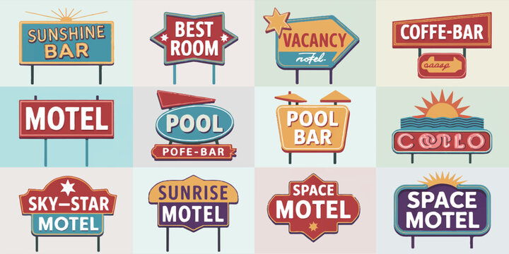 Selection of vintage motel and hotel road signs featuring diverse retro typography and glowing neon light creative aesthetics.