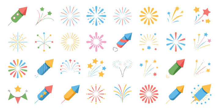 Multicolor collection of firework displays and rocket pyrotechnic effects for festive events and bright celebratory nights.