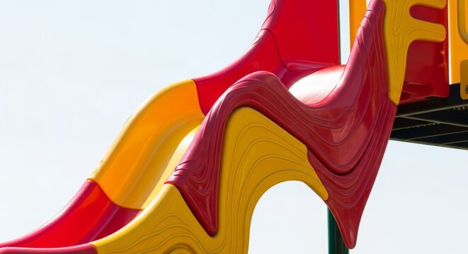 A bright plastic playground slide sits distorted and drooping under a relentless summer sun, showing visible signs of severe thermal damage, climate, sunshine, damage
