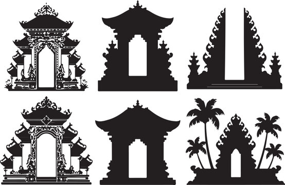 Set of six traditional balinese gates and temples with intricate carvings and palm tree silhouettes for island travel cultural icons.