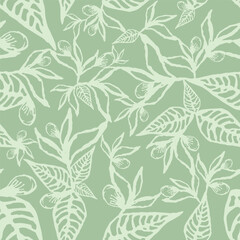 Fototapeta premium Camouflage plant leaves, hand drawn seamless herbs pattern. Ink texture with tree branches. Camo with twig. Light pastel green color monochrome grunge drawing. Botanical textile. Vector background