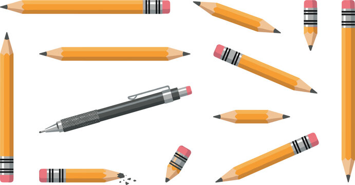 Yellow Graphite Pencil and Mechanical Pen Vector Illustration Set for School Supplies Marketing, Stationery Branding, Drawing Apps, and Classroom Education Design Templates