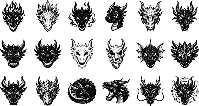 Black stylized demonic faces with horns, set skull