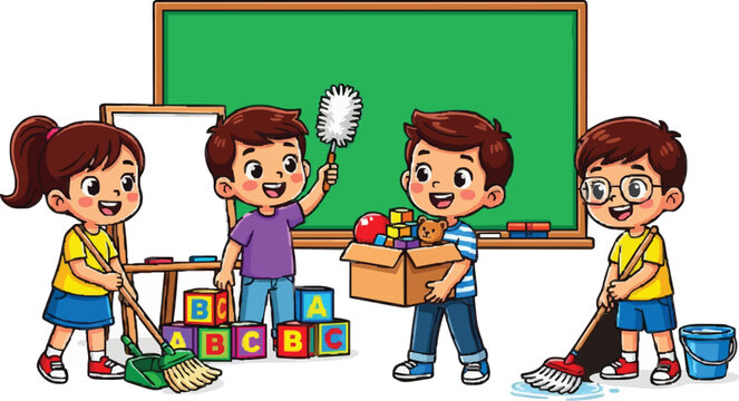Children Cleaning Classroom Cartoon Illustration