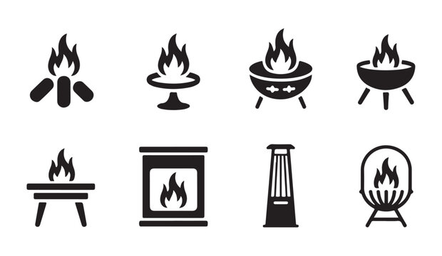 Campfire icons set including different types of fires, pits, and outdoor heating equipment.
